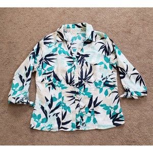 JM Collection Women' 100% Linen 3/4 Sleeve Button-Down tropical Shirt Sz 4P